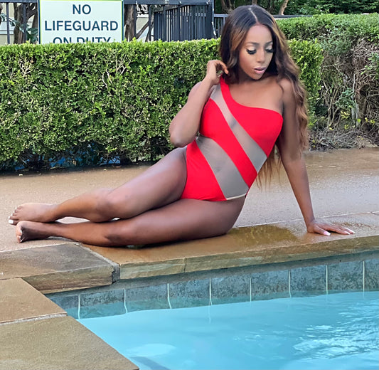 Red Racer Mesh one Shoulder Swimsuit